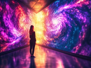 Exploring the cosmic realm a woman stands in awe of colorful galaxy projections in an immersive art installation modern gallery digital art vibrant atmosphere front view spiritual connection