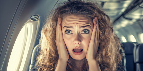 Woman having a panic attack during flight. Flying anxiety or flight phobia concept.