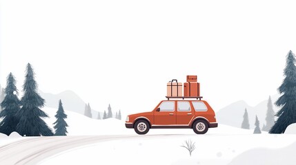 Red car with luggage on snowy road.