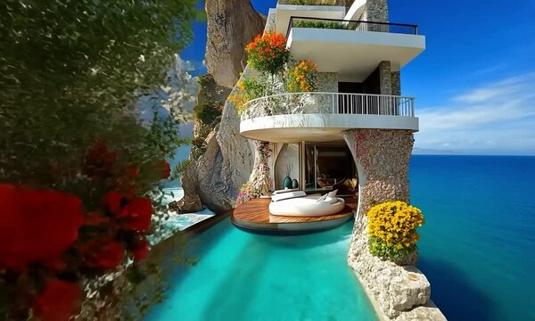 Futuristic Mediterranean mansion on a steep coastal slope, with a high-tech facade and integrated smart systems, offering a breathtaking view of a lush coastal cliff with crashing waves