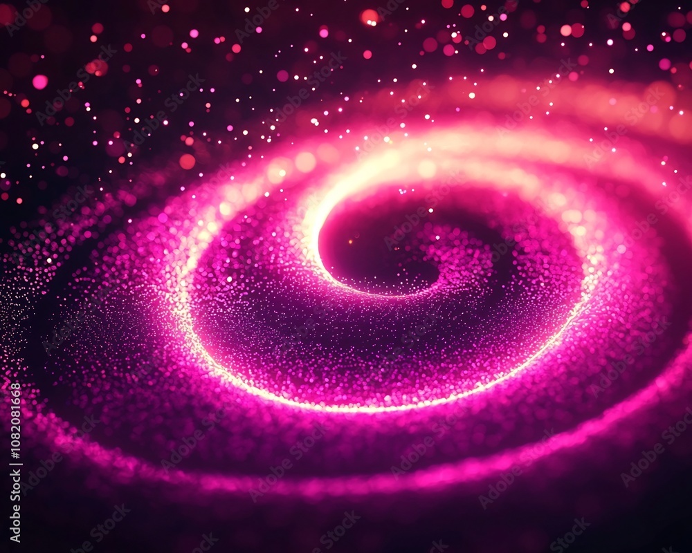 Poster radiant neon pink spiral with floating particles abstract background for product concept display