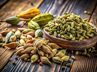 Obraz premium On a rustic wooden surface, aromatic caraway seeds and cardamom pods invite culinary exploration, enhancing dishes with their fragrant flavors and delightful aromas.
