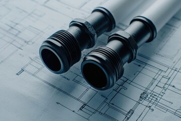 Industrial plumbing components placed on detailed blueprints, showcasing craftsmanship and technical expertise