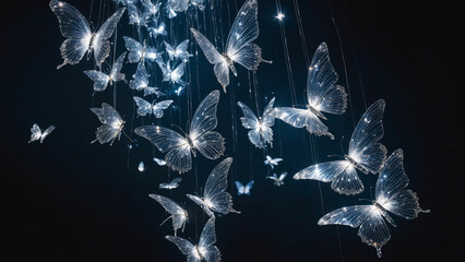 Glowing transparent butterflies suspended in the dark, creating a magical and artistic ambiance.