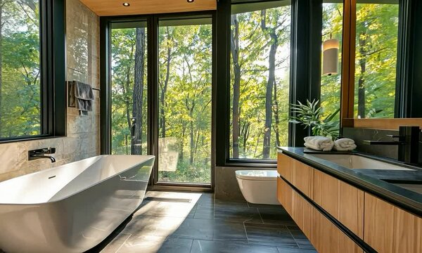 Modern bathroom with minimalist design, clean lines, and a view of a serene lake