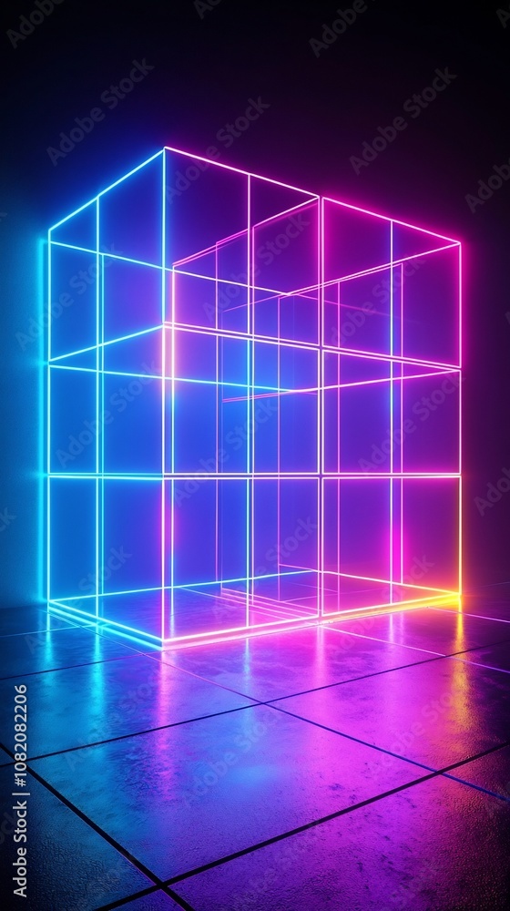 Poster Multicolored Neon Cube Grid in Futuristic Digital Environment for Product Showcases