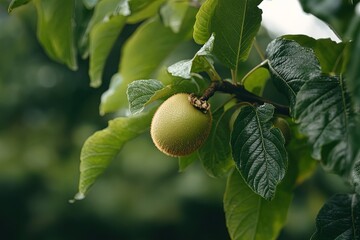 A Green Fruit Hangs From the Branch of a Tree Surrounded by Lush Green Leaves in a Tranquil Setting