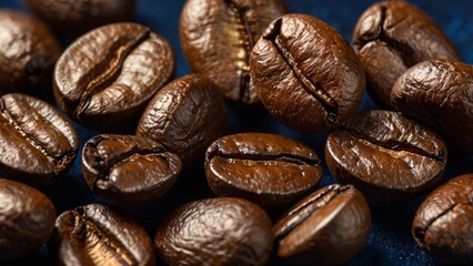 Obraz premium Roasted Coffee Beans Rich Browns with Warm Lighting on a Deep Blue Background, Highlighting Textured, Aromatic Detail in Gourmet, Rustic Style V3