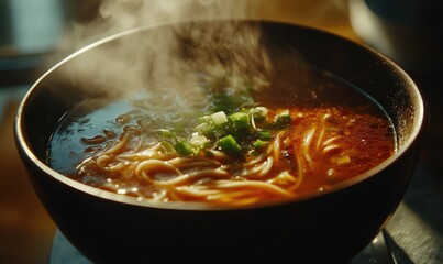 A bowl of soup with noodles and green onions
