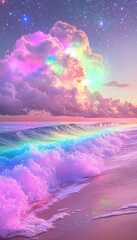 Naklejka premium Surreal rainbow waves crashing on a neon beach, with psychedelic clouds floating above and stars shining in the sky