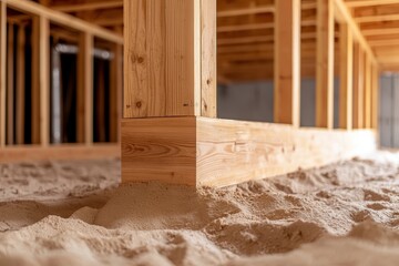 Modern crawl space with wooden support beams, insulated ductwork, and sand foundation, illustrating advanced home construction techniques