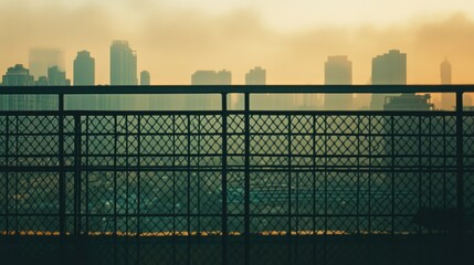 Metal fence in front of a hazy cityscape, symbolizing distance and separation from urban life.
