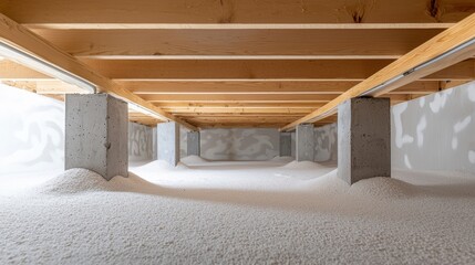 Residential crawl space with timber supports, clean sand bedding, and insulated HVAC lines, illustrating proper home construction and utility setup