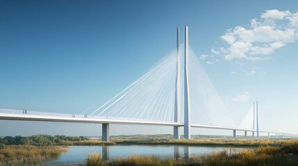 Obraz premium Modern bridge with cables and beams rising against a vast, clear sky, symbolizing progress and connection.