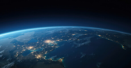 Fototapeta premium Earth from space, showcasing illuminated cities and natural landscapes against a dark backdrop.
