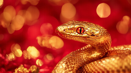 Fototapeta premium Shiny golden snake on a red background. 2025 New Year of the Snake, Lunar New Year or Chinese New Year. Tet. Zodiac animal character. Gold bokeh. Copyspace for your text.
