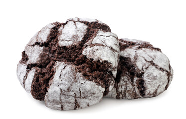 Chocolate cookies with cracks close-up on white. Isolated
