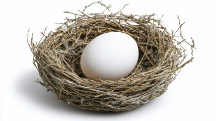 White egg in a bird nest on a white background.