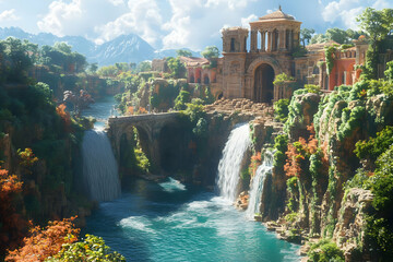 Fototapeta premium Illustration - Serene Waterfall Temple Landscape