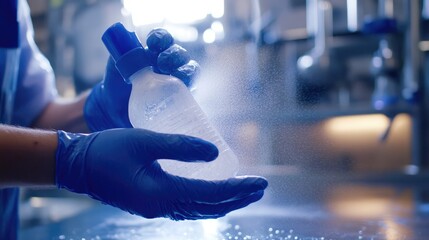 Nitrile gloves on hands using a spray bottle, emphasizing sanitation practices in various environments.