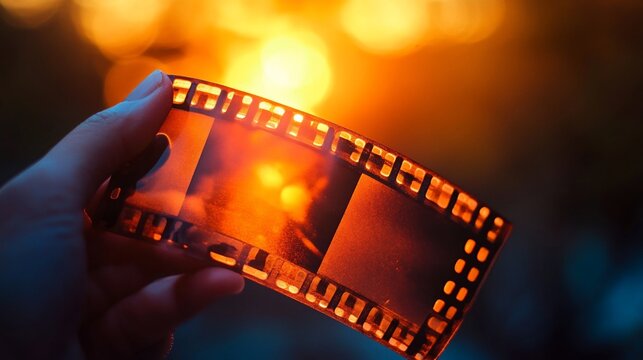 A hand holds up a strip of film with a blurred background of warm, golden lights.