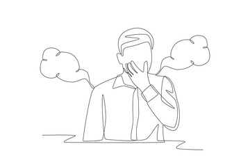 Obraz premium Man covers nose amid air pollution. Air pollution concept one-line drawing