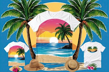 Tropical Beach T-Shirt Design with Palm Trees, Sunsets, and Summer Vibes