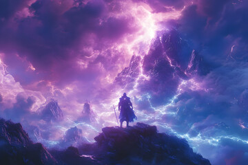 Illustration - Warrior in a Lightning Storm over Mountains