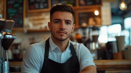 Fototapeta premium A person wearing a white shirt and black apron, standing in a clean environment
