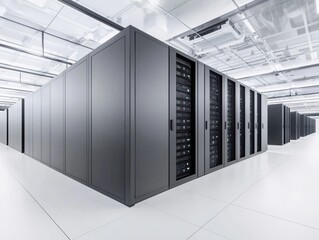 High-tech data center with sleek server racks in a futuristic blueprint design showcasing modern network infrastructure and innovation