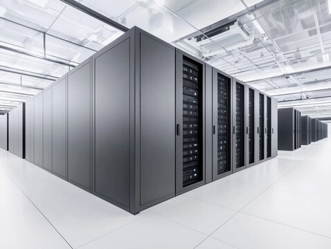 High-tech data center with sleek server racks in a futuristic blueprint design showcasing modern network infrastructure and innovation