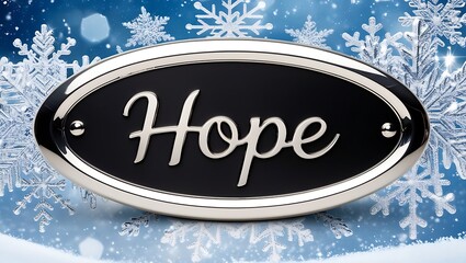 A silver oval sign with the word "Hope" in a cursive font, set against a background of white snowflakes on a blue sky.