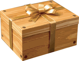 Wooden Gift Box with Golden Ribbon and No Background. Holiday gift surprise banner, web poster, flyer, stylish brochure. Gift Box Vector Without Background
