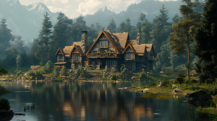 Fototapeta premium Illustration - Cozy Cottage by the Lake in a Serene Forest Setting