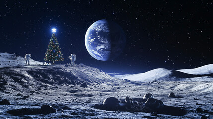 Astronauts celebrate Christmas on the moon with a tree, Earth rising in the background