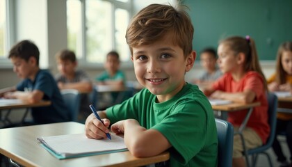 Happy elementary school student in green t-shirt smiling at camera while writing in notebook. Authentic classroom setting captures genuine enthusiasm for learning with classmates in background