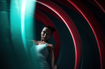 A woman in motion surrounded by vibrant light streaks, creating a dynamic and energetic atmosphere.