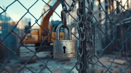 Padlock and chains on a construction site fence, representing restricted access and worksite safety.