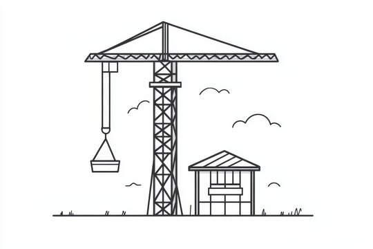 recommend clip art: Construction of multi-storey buildings. Tower cranes. Building city houses. Construction cranes. One continuous line is drawn on a white background.
