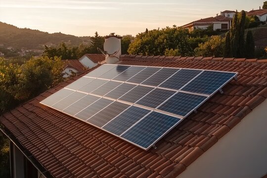 Solar Panels on a Red-Tiled Roof in a Serene Residential Setting During a Golden Sunset in the Countryside