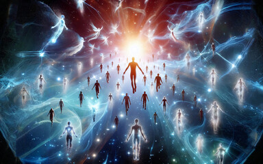 The afterlife, many souls above the planet in space