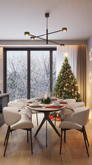 Christmas tree in a modern studio apartment interior. It's winter outside and it's snowing. 3D render.