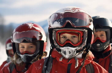 Close-up of young skiers in winter gear, ready for skiing adventure on snowy mountain slopes.