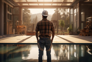 Construction worker observing a building site, showcasing dedication and hard work in a modern environment.