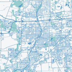 Map of Aurora in Illinois in a professional blue style. Contains layered vector with roads water, parks, etc.