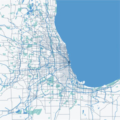 Map of Chicago Metro in Illinois in a professional blue style. Contains layered vector with roads water, parks, etc.