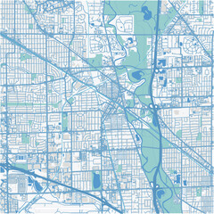 Map of Des Plaines in Illinois in a professional blue style. Contains layered vector with roads water, parks, etc.