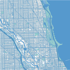 Map of Lincoln Park in Illinois in a professional blue style. Contains layered vector with roads water, parks, etc.