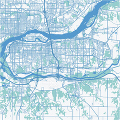 Map of Moline in Illinois in a professional blue style. Contains layered vector with roads water, parks, etc.
