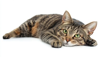 A sad striped cat with green eyes lies on the floor gazing sideways in a close-up shot with ample copy space